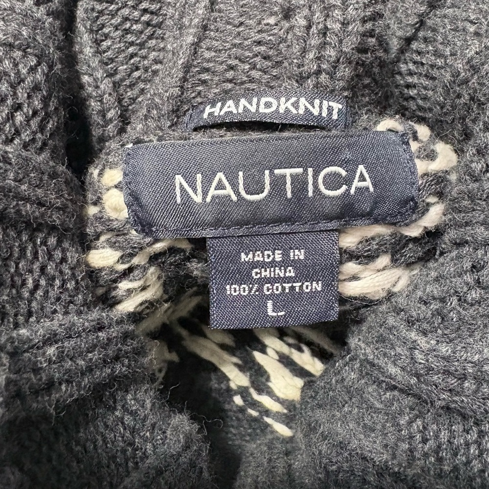 Vintage Hand Knit Men’s Heavyweight Nautica Charcoal Gray/Cream Cableknit Sweate - Picture 7 of 12